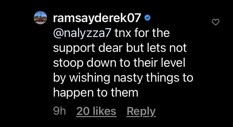 A screenshot of Ramsay's comment from one of his Instagram posts.
